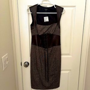 BEBE tweed and brown leather trim dress